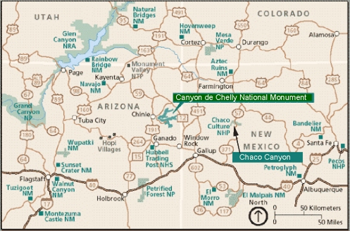 Map of Northern New Mexico and Arizona: Chaco Canyon and Canyon de Chelly Country - Land of the "Ancient Ones"!