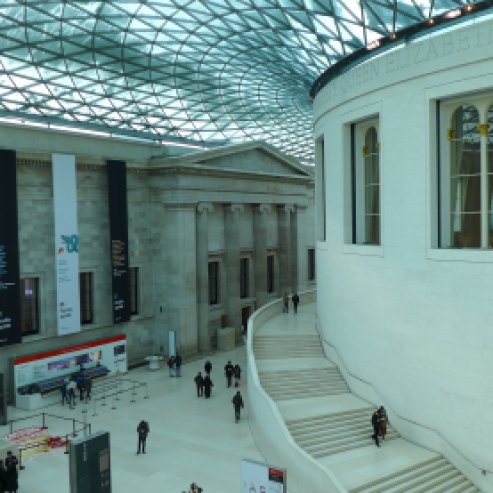 Snow accumulates on the huge skylight at the center of the British Museum